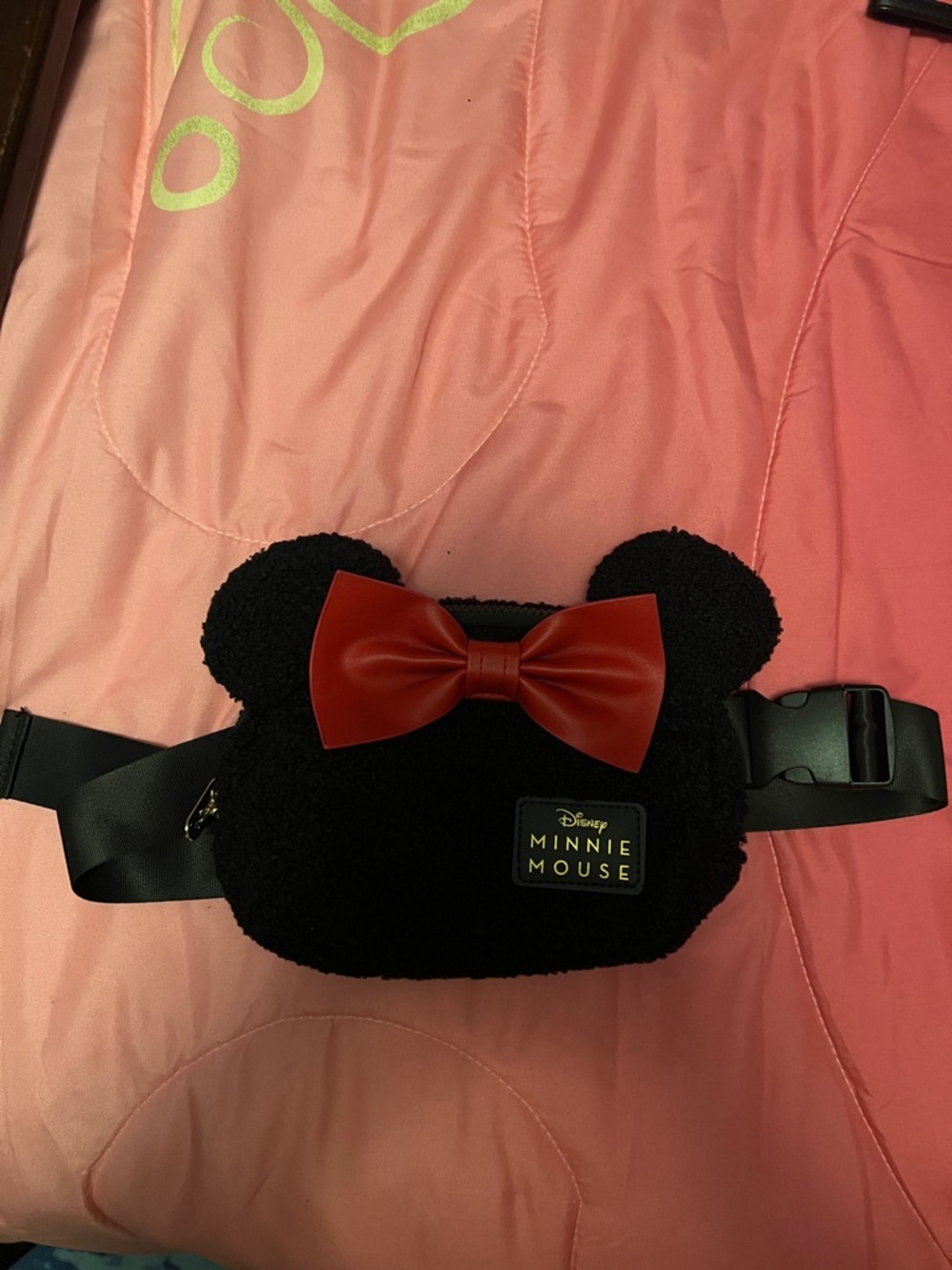 Disney Minnie Mouse Black Fuzzy Belt Bag with Red Bow Fanny Hip Bag